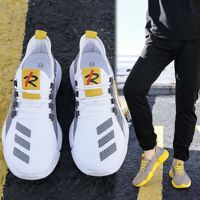 breathable lightweight casual sneakers shoes for men white and yellow color