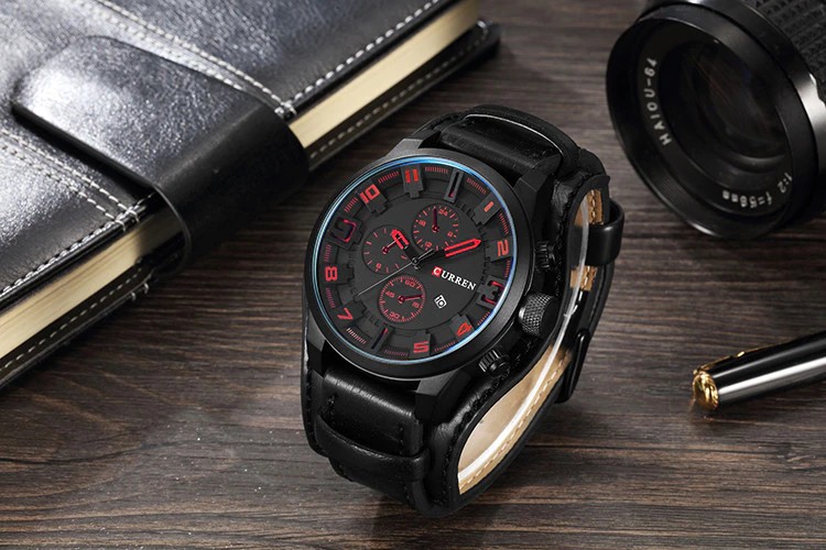 Curren Stainless Steel Watch in Black and Red Color