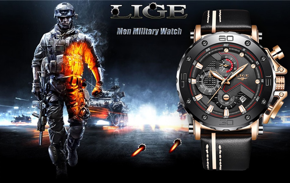 LIGE military watch for men in gold color 