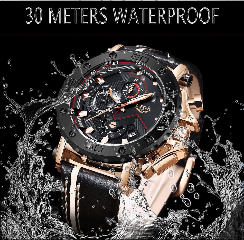 30 Meters waterproof men watch black color leather strap