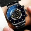 black geneva watch for men stainless steel strap
