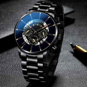 black geneva watch for men stainless steel strap