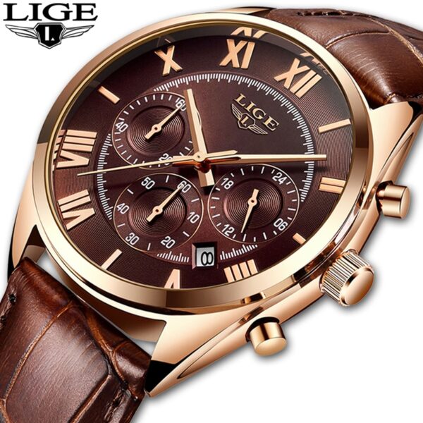 LIGE branded leather watches for men brown color