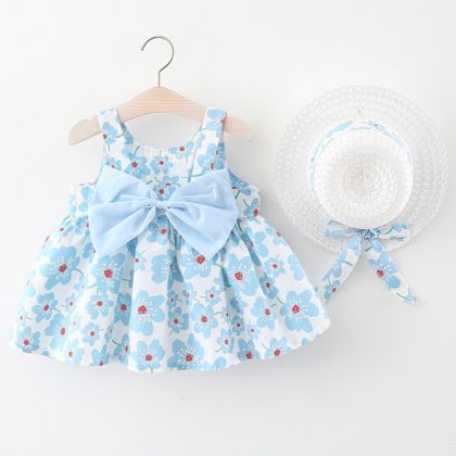 2 in 1 Toddler Girls Beach Dress and Baby Summer Hat Dress – Casual, Sleeveless Princess Dress
