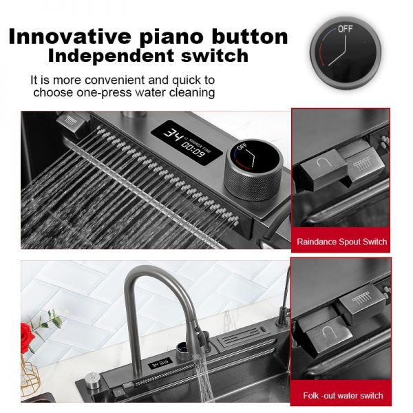 easy operating kitchen wash basin sink with piano black button and raindance spout switch